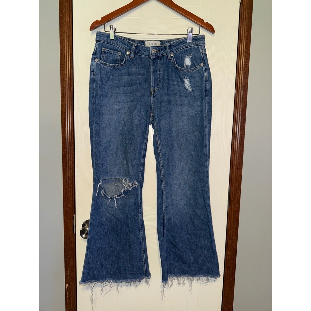 Free People We The Free Distressed Raw Hem Flare Button Fly Jeans Blue Size 28